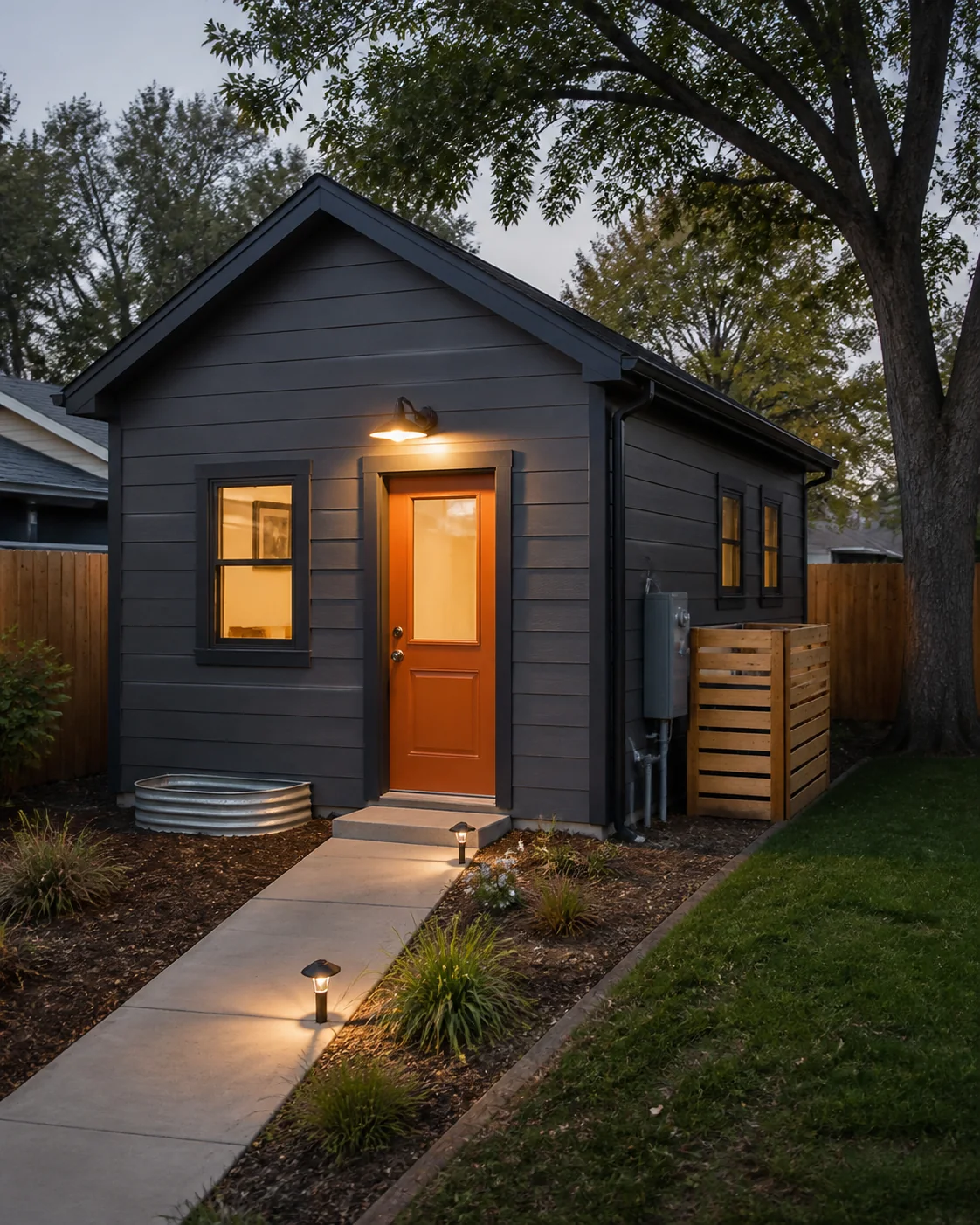 Finished detached ADU with entry, path, egress, and utilities