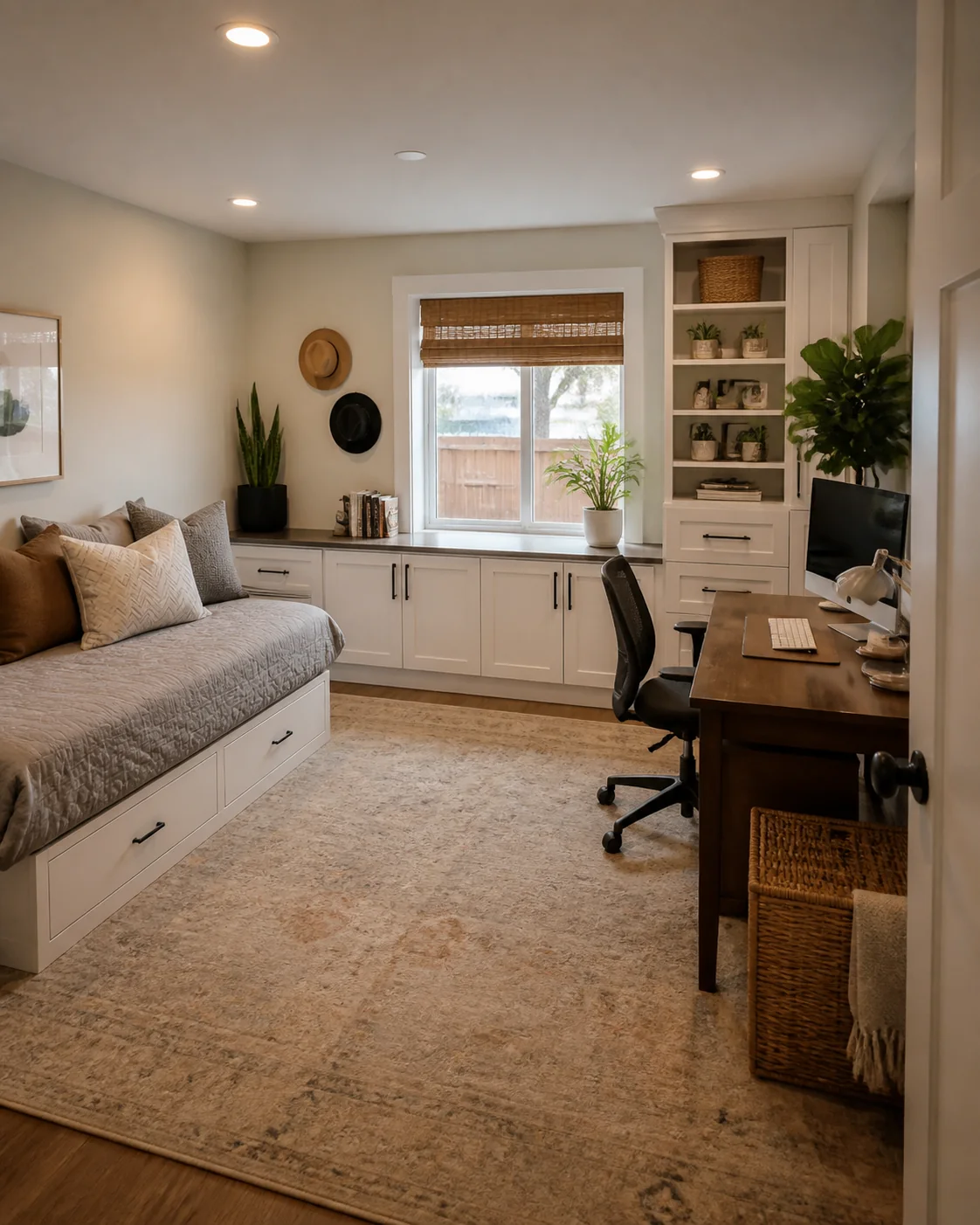 Finished garage conversion used as an office and guest room