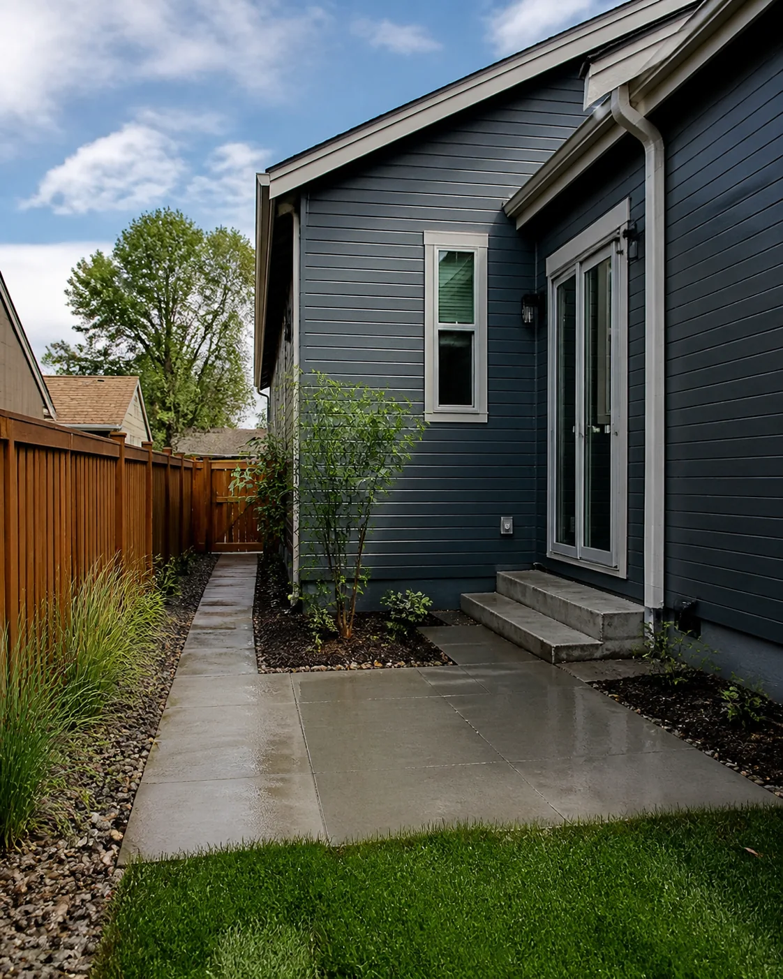 Finished walkway, patio, drainage, and landscaping around an addition