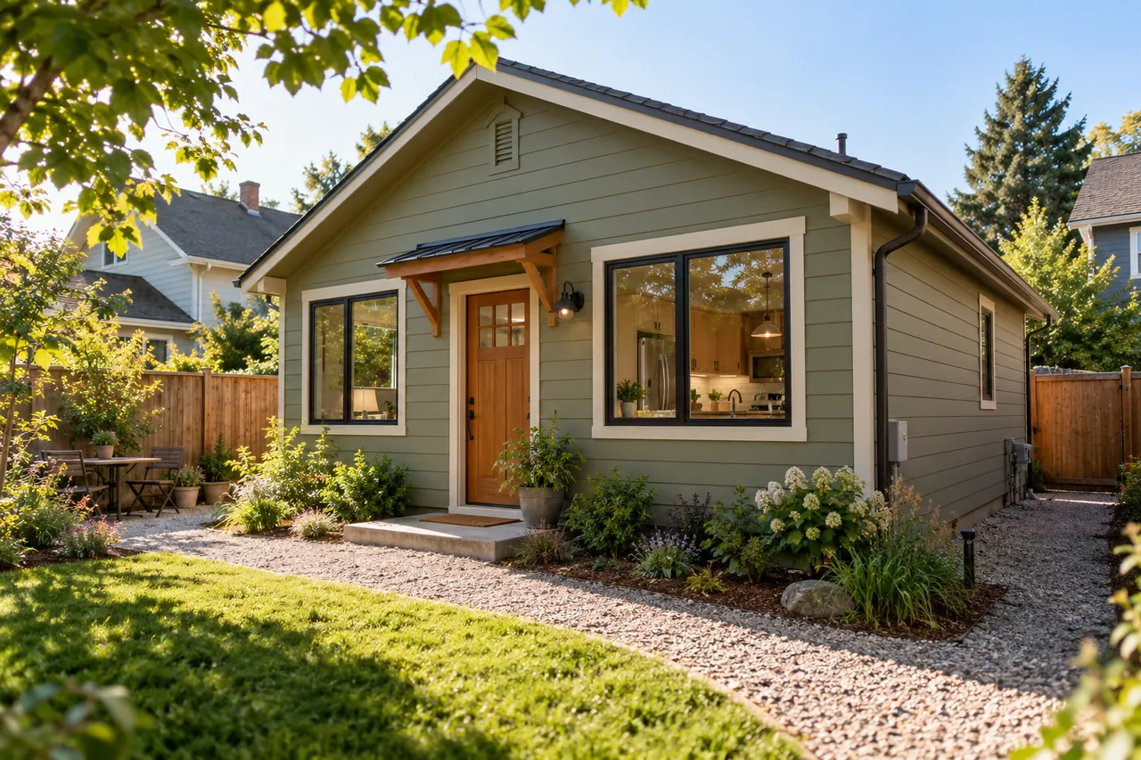 Finished compact backyard dwelling with green siding, a wood entry door and kitchen windows