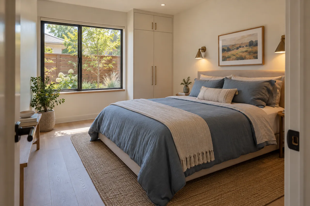 Finished ADU bedroom with warm white walls, simple wardrobes and a courtyard view