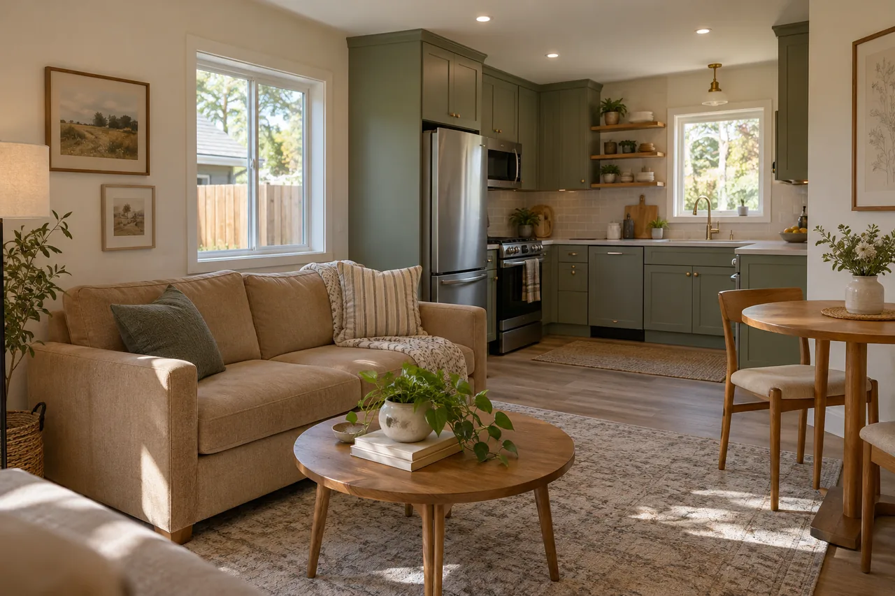 Completed ADU interior with a compact sage kitchen, oak table and small living area