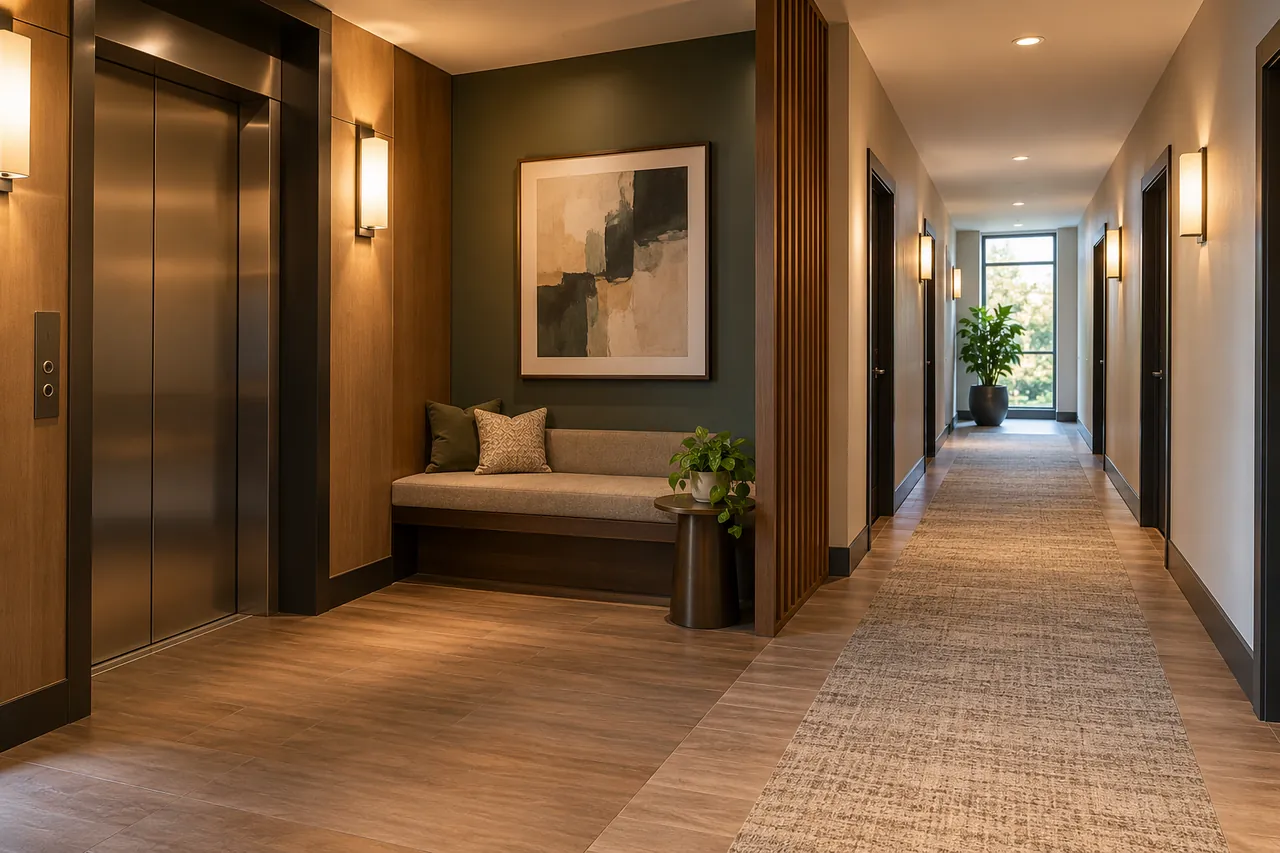 Finished apartment hallway and elevator lobby with a bench alcove and warm wall finishes