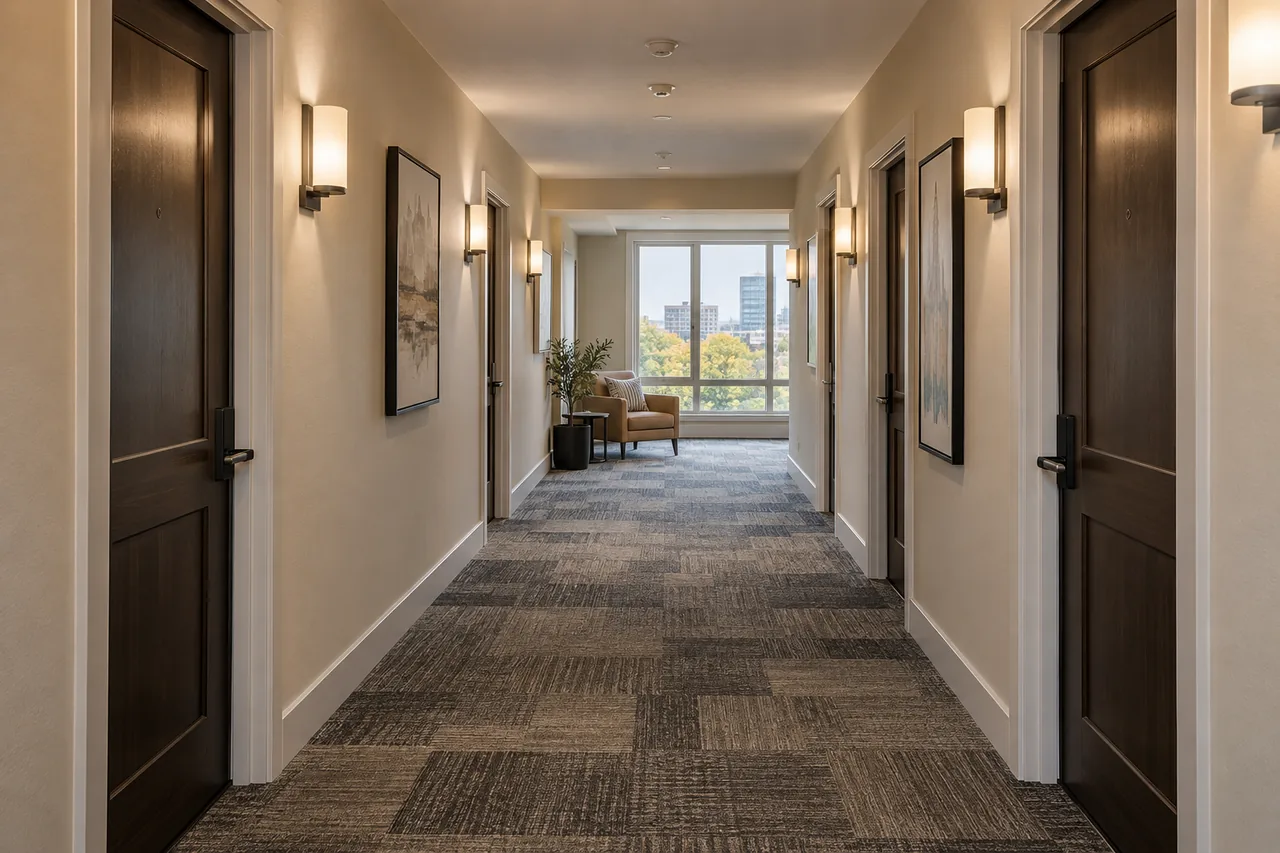 Completed apartment corridor with warm neutral walls, carpet tiles and simple wall lighting
