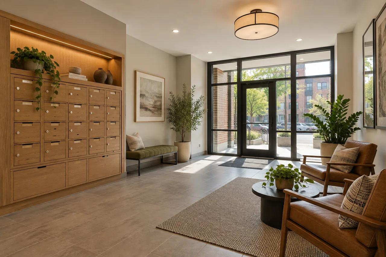 Finished apartment lobby with oak mail cabinets, sage seating and a tiled entry