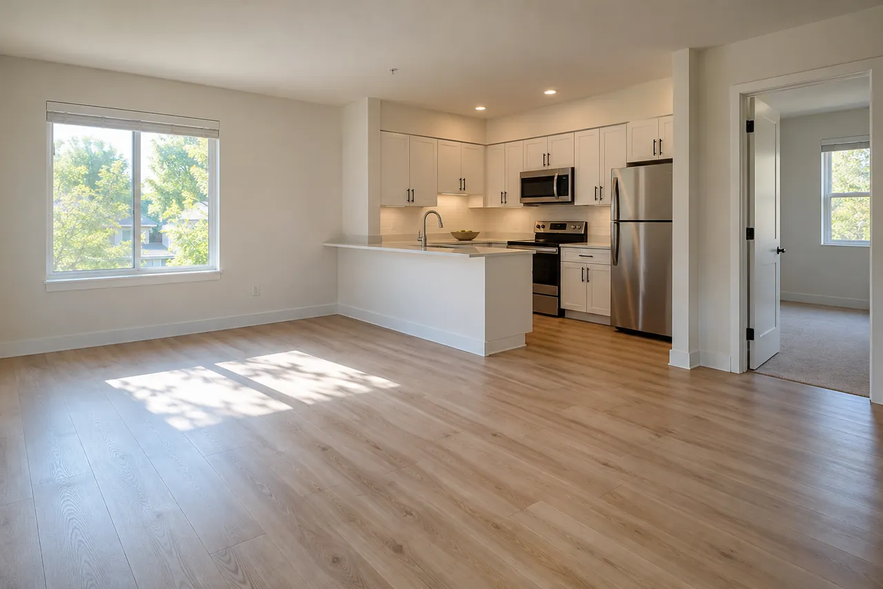Finished vacant rental apartment with durable flooring, fresh wall finishes and a compact kitchen