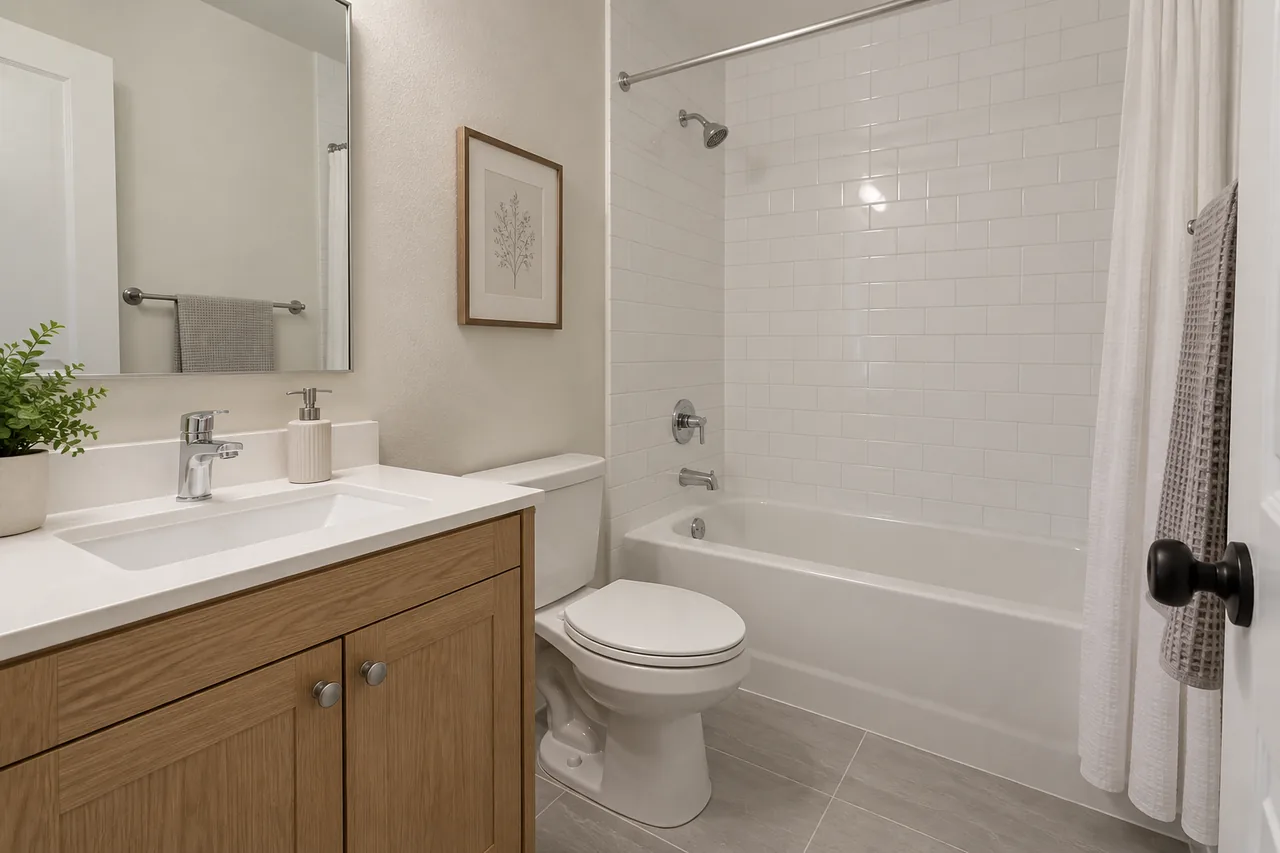 Finished rental apartment bathroom with a wood vanity, white tile and tub-shower combination