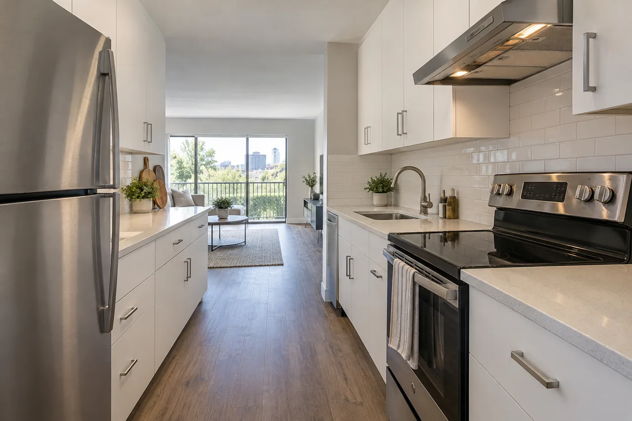 Completed apartment kitchen with new white cabinets, quartz counters and durable wood-look flooring
