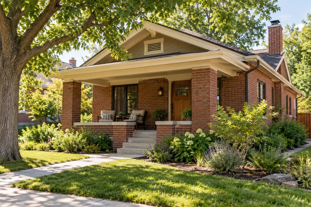 Brick bungalow with a finished front porch, wood entry door and mature shade tree.