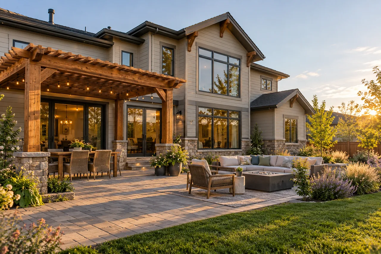 Two-story home with a finished paver patio, timber pergola and garden seating.