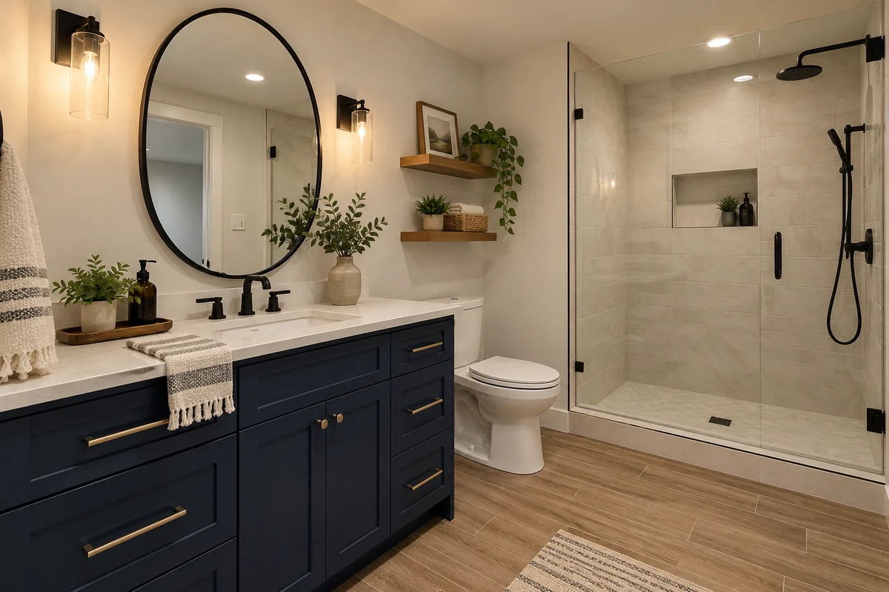 Finished basement bathroom concept with an oak vanity and glass shower.
