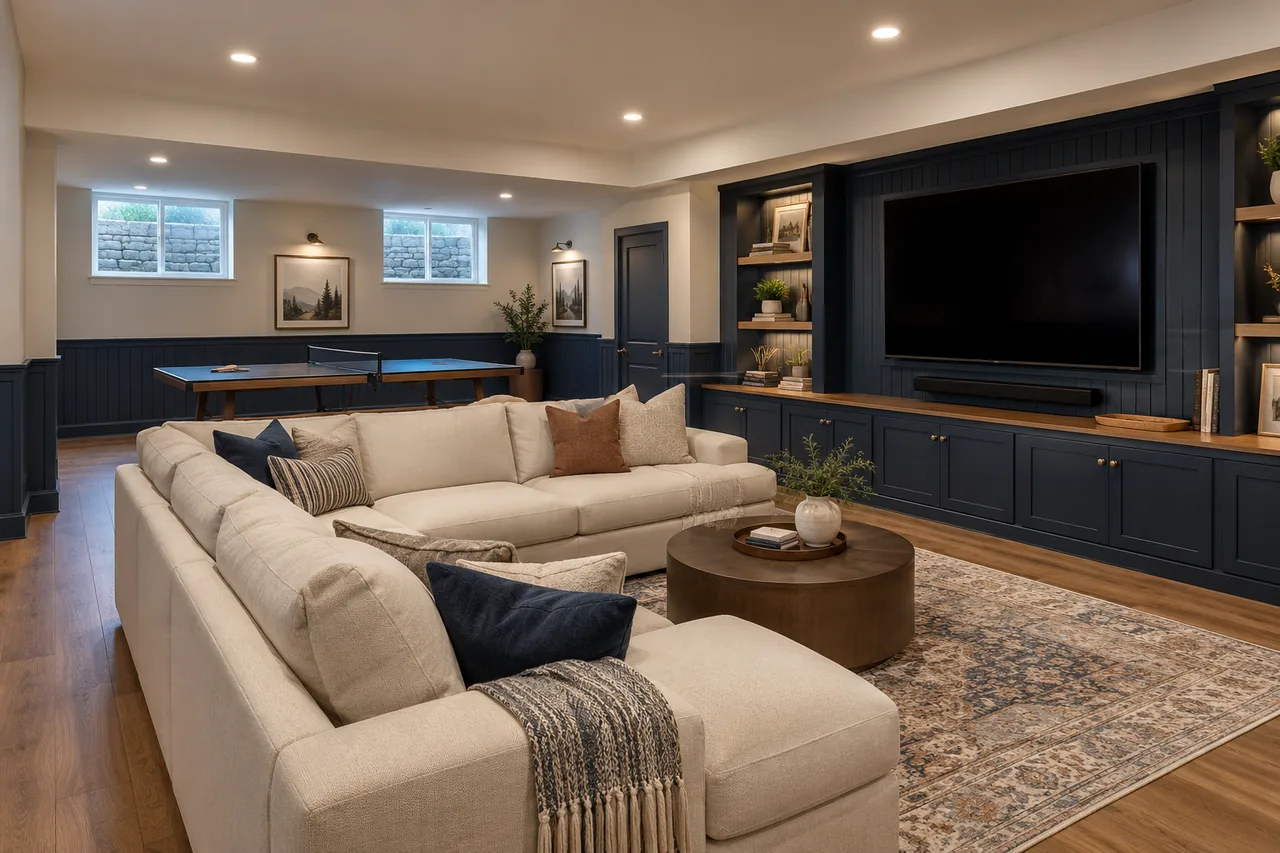 Finished basement family room concept with a sectional, oak table and media wall.