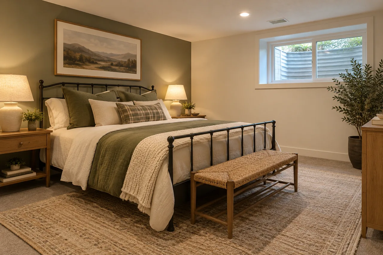 Finished basement guest bedroom concept with a neatly made bed and daylight window.