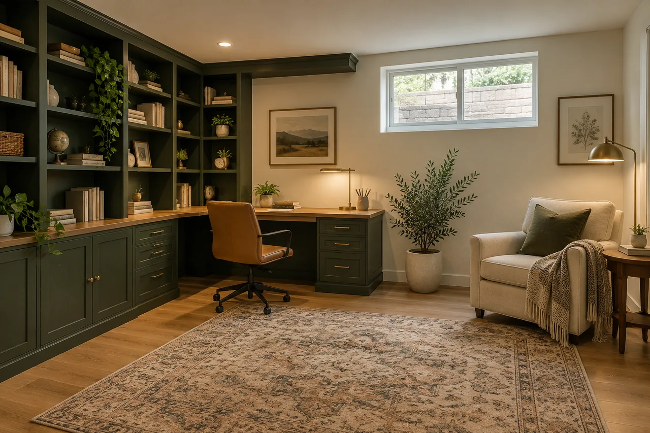 Finished basement home office concept with an oak desk and built-in storage.
