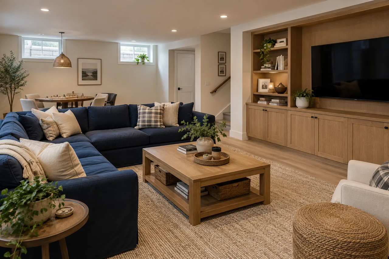 Basement finishing concept for a Commerce City home, with a finished living room, media wall and daylight.