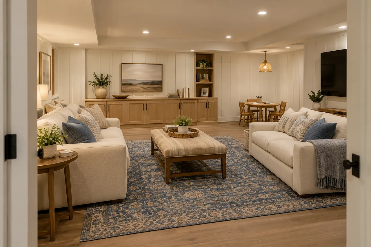 Finished basement lounge concept with completed surfaces, comfortable furnishings and organized storage.