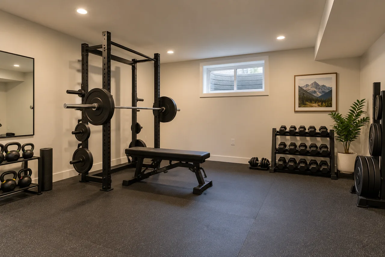 Finished basement exercise room concept with a bicycle, weights and closed storage.
