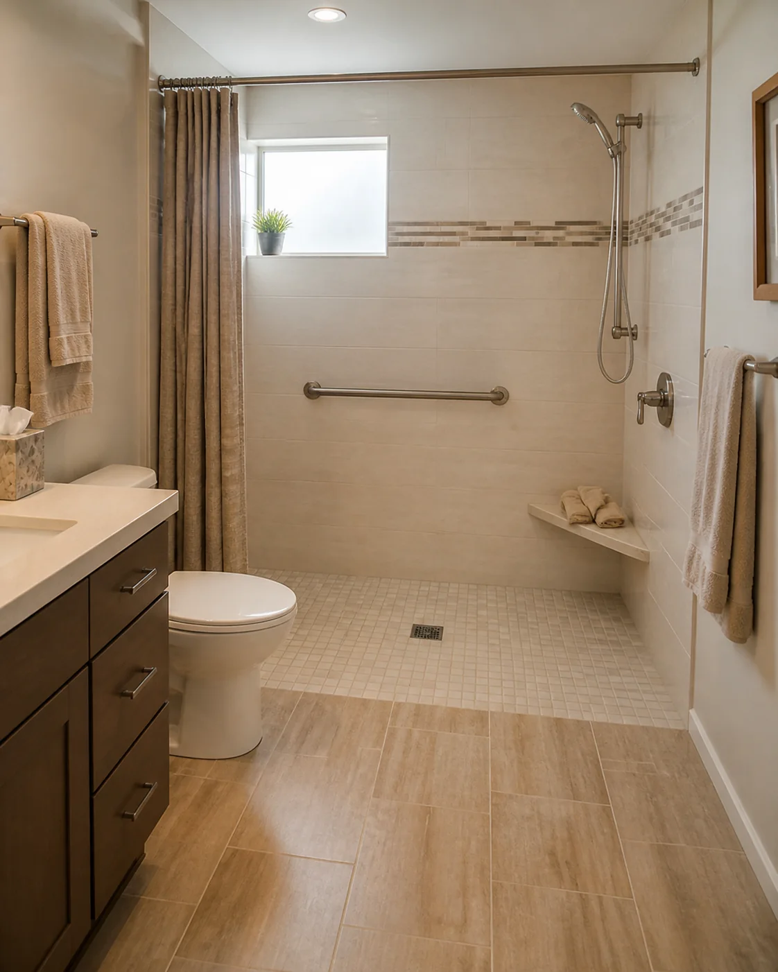 Finished accessible bathroom with curbless shower and grab bars