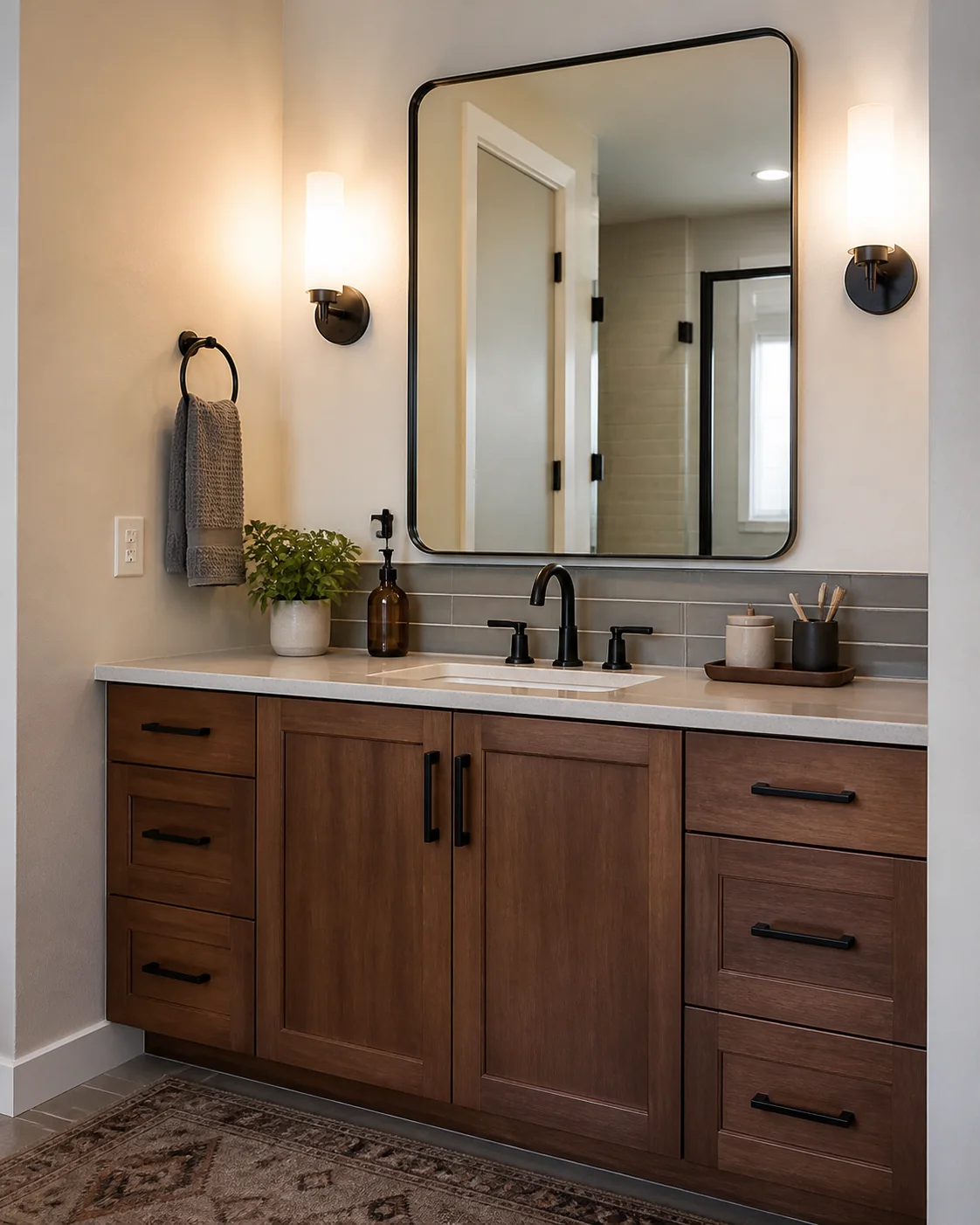 Finished bathroom vanity wall with fixtures, lighting, and storage