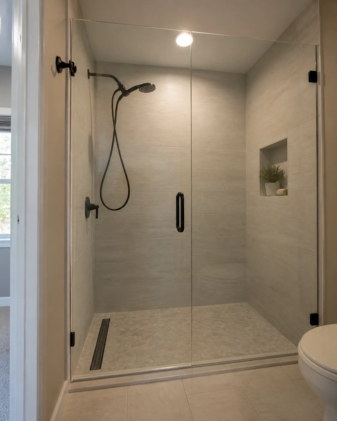 Finished zero-threshold tiled shower with glass enclosure