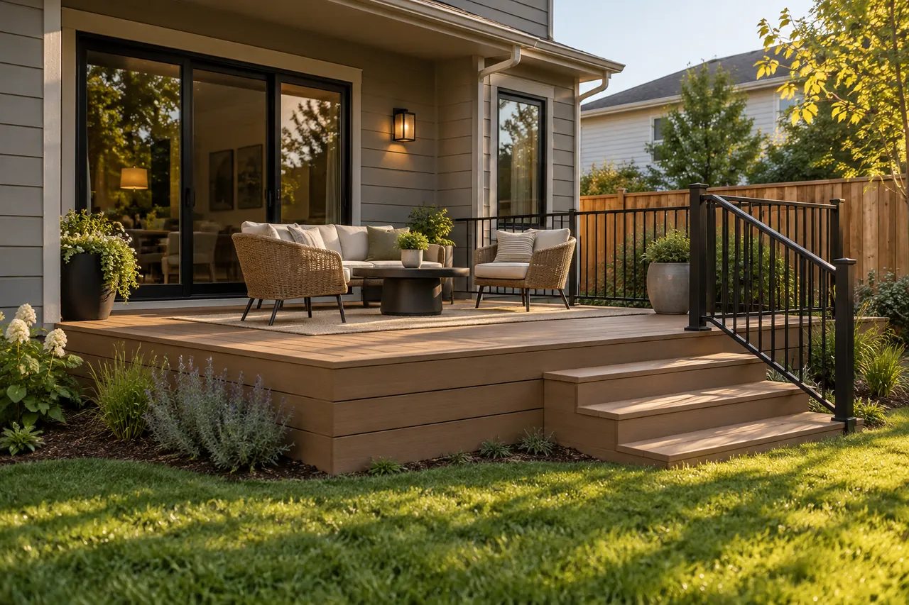 Finished backyard deck with wood-tone boards, outdoor seating, railings and steps to a lawn