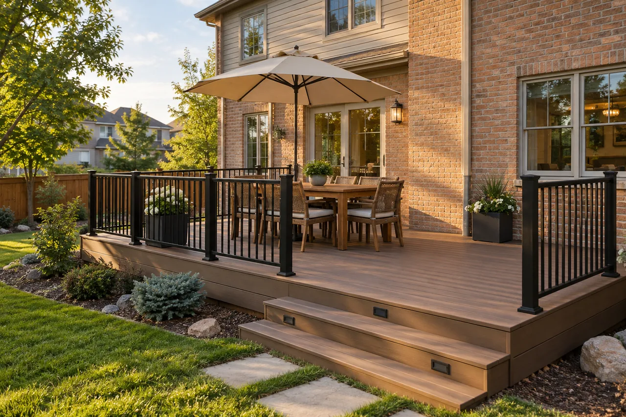 Completed backyard deck with warm composite boards, a dining table and black railings