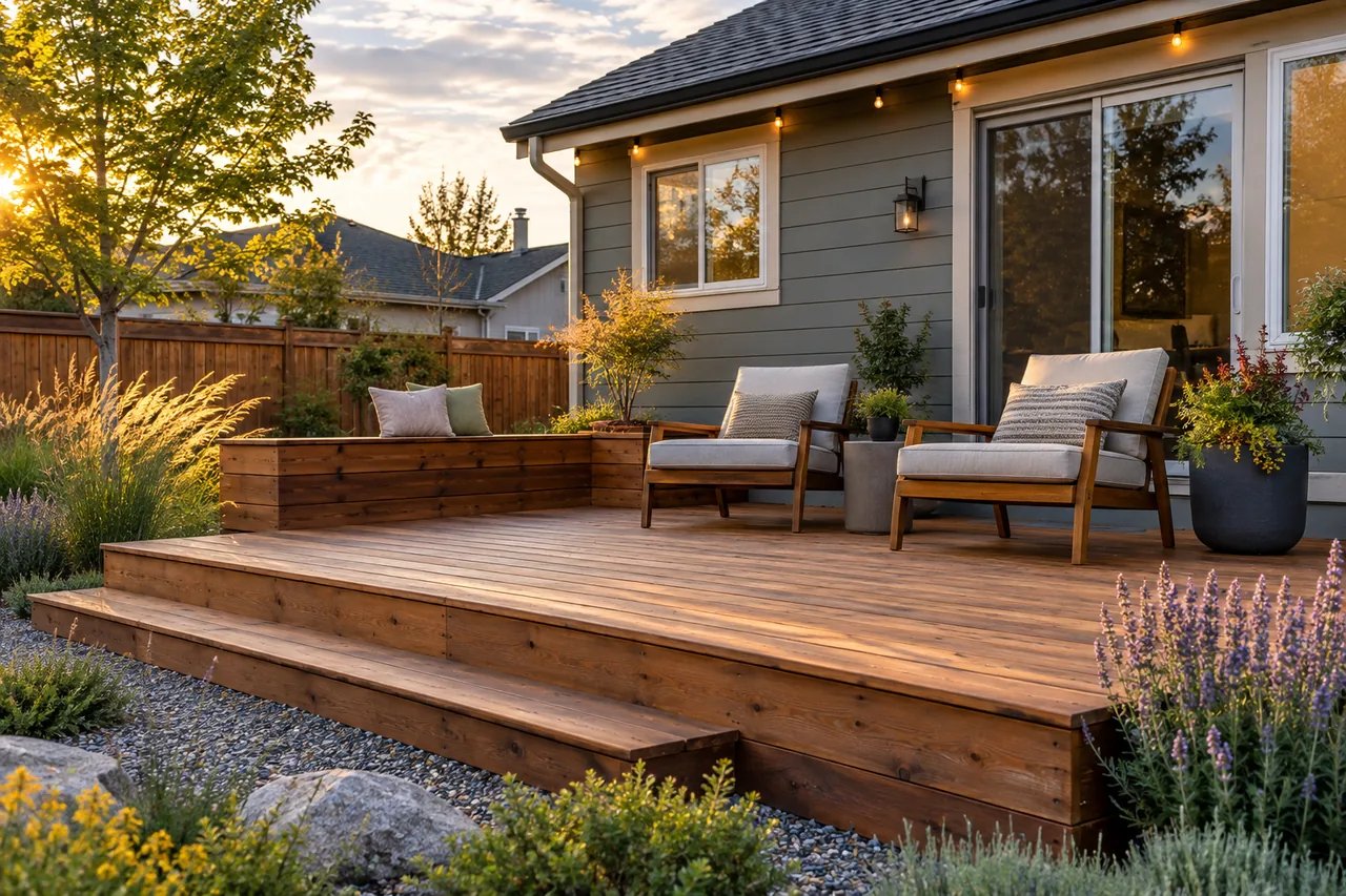 Finished low garden deck with cedar boards, built-in seating and native-style planting