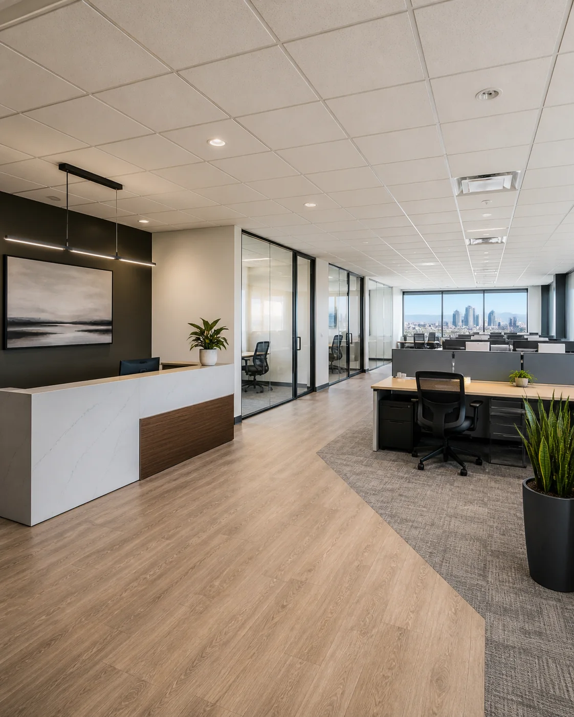 Finished Denver office renovation with reception and workstations