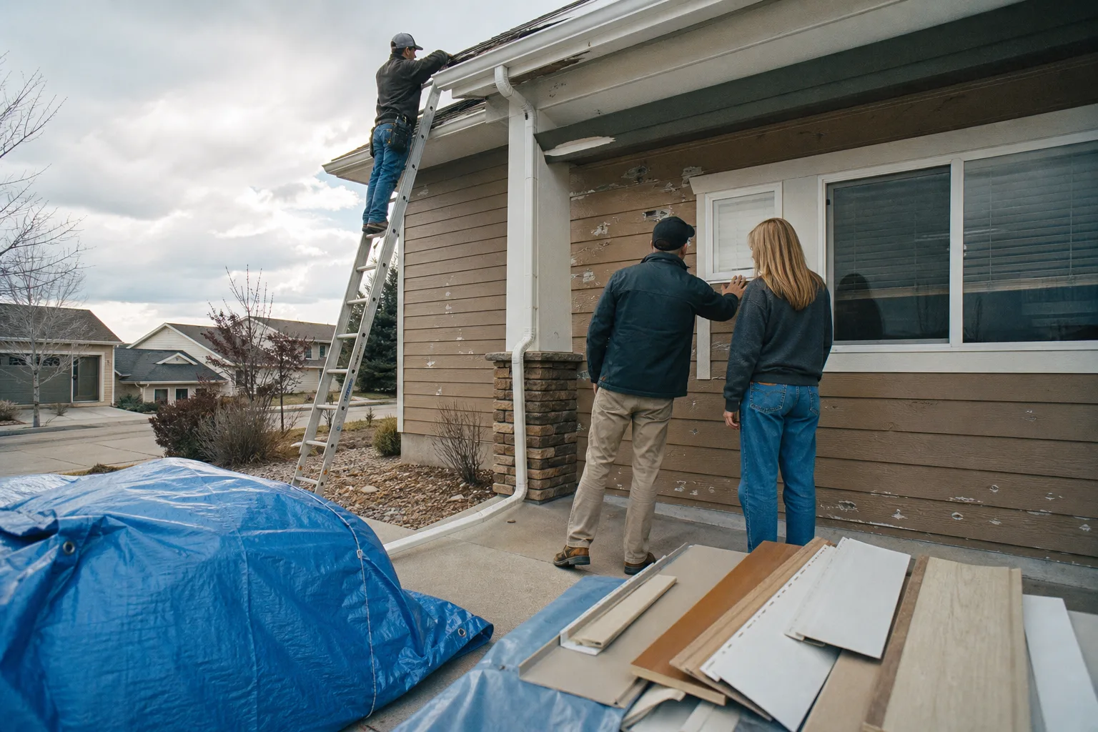 Denver storm restoration contractor inspecting residential exterior damage with a homeowner