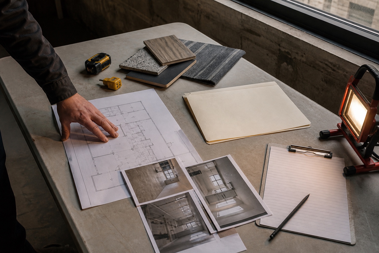 Commercial renovation drawings and existing condition photos for a walkthrough
