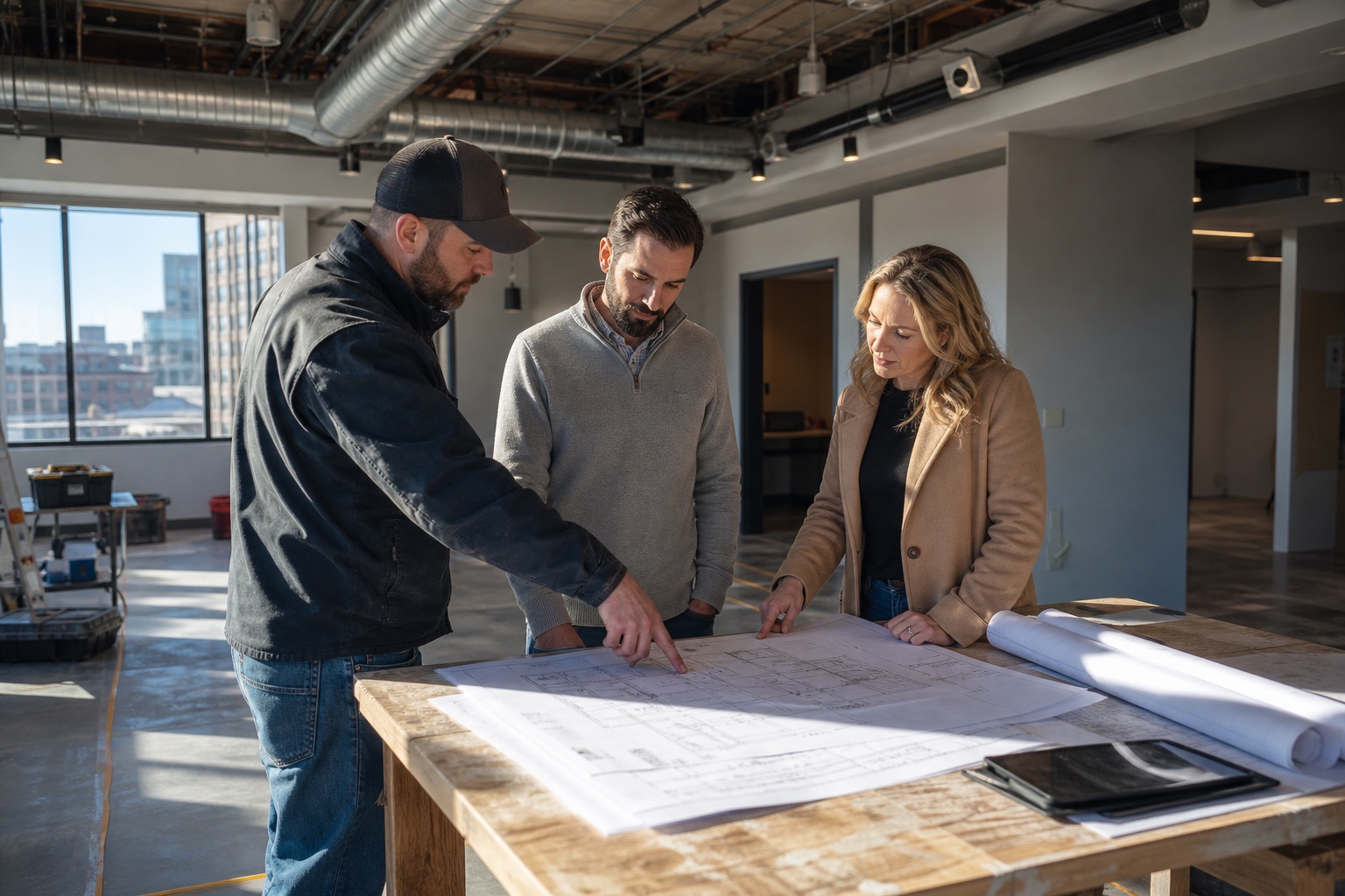 Tenant improvement scope review with plans for a Denver commercial renovation