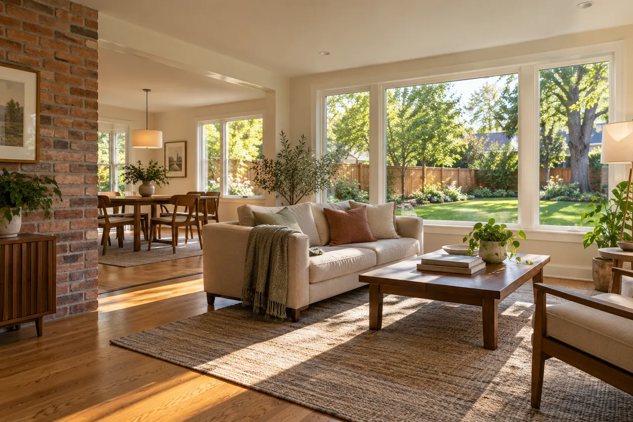 Finished family-room addition with oak flooring, a brick opening and large backyard windows