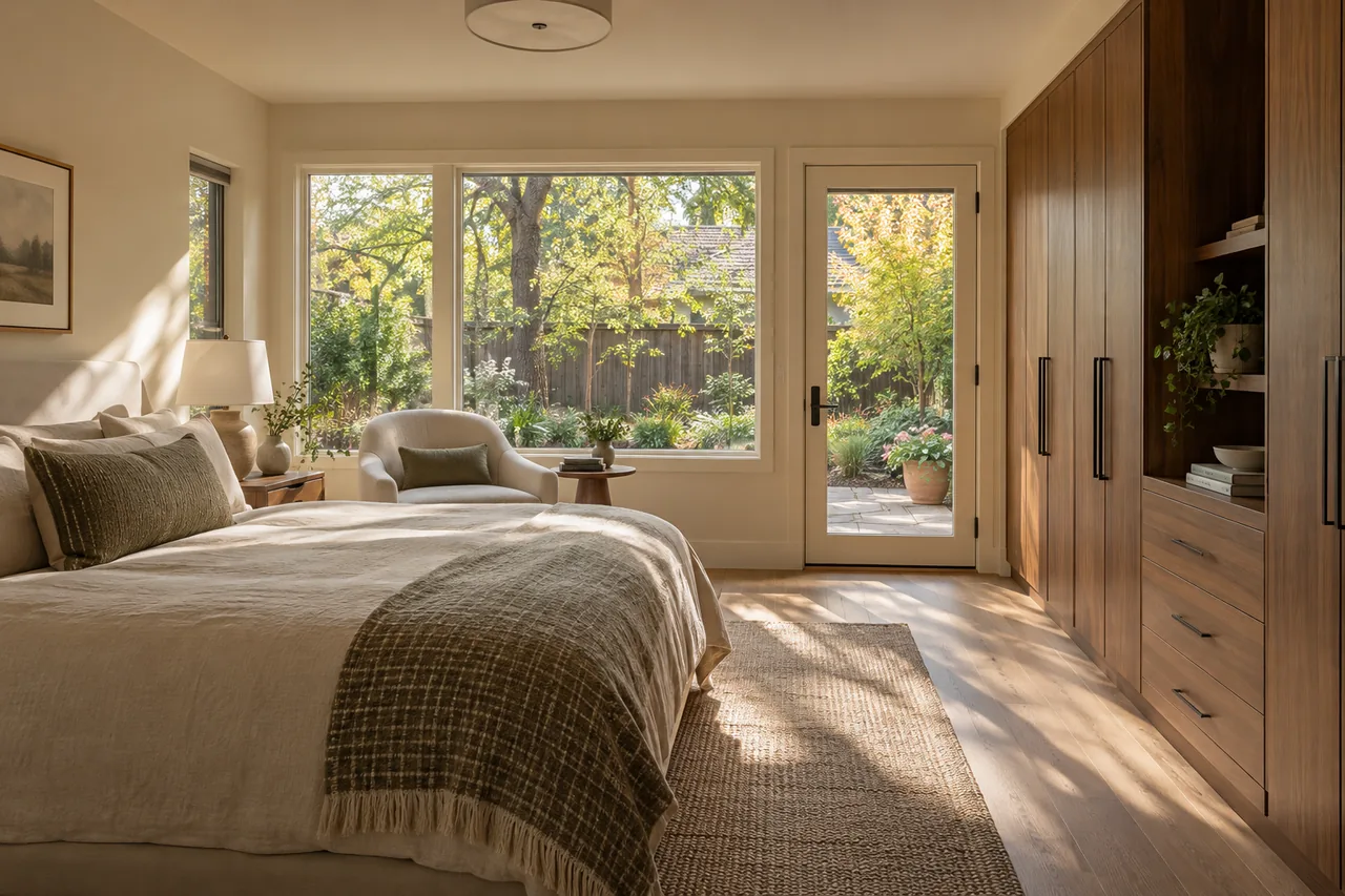 Finished ground-floor bedroom addition with built-in storage and broad garden-facing windows