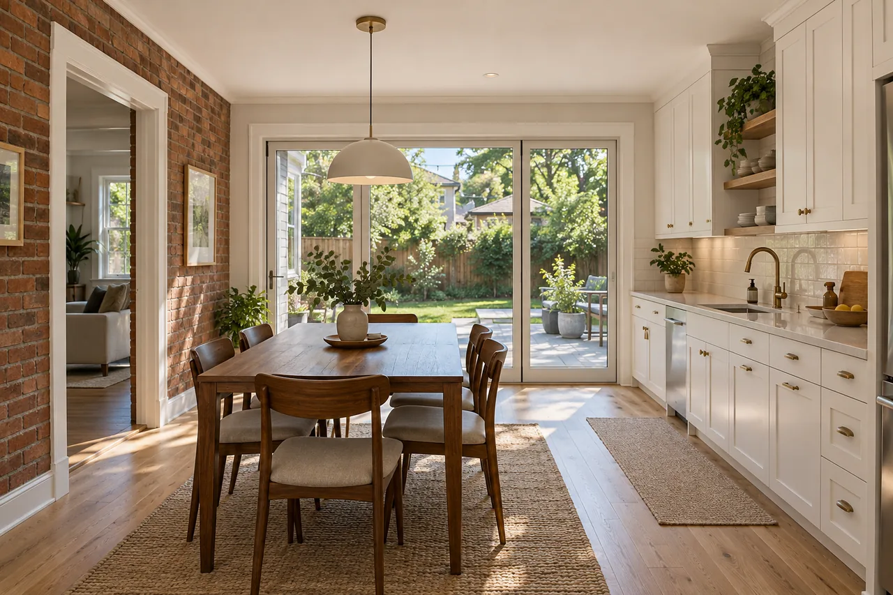 Completed kitchen and dining addition with warm white cabinets, oak flooring, a long everyday dining table and sliding garden doors
