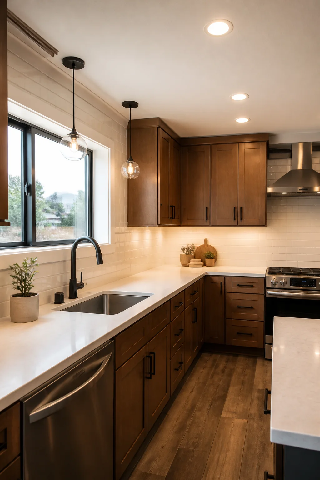 Finished kitchen cabinetry, counters, backsplash, and flooring