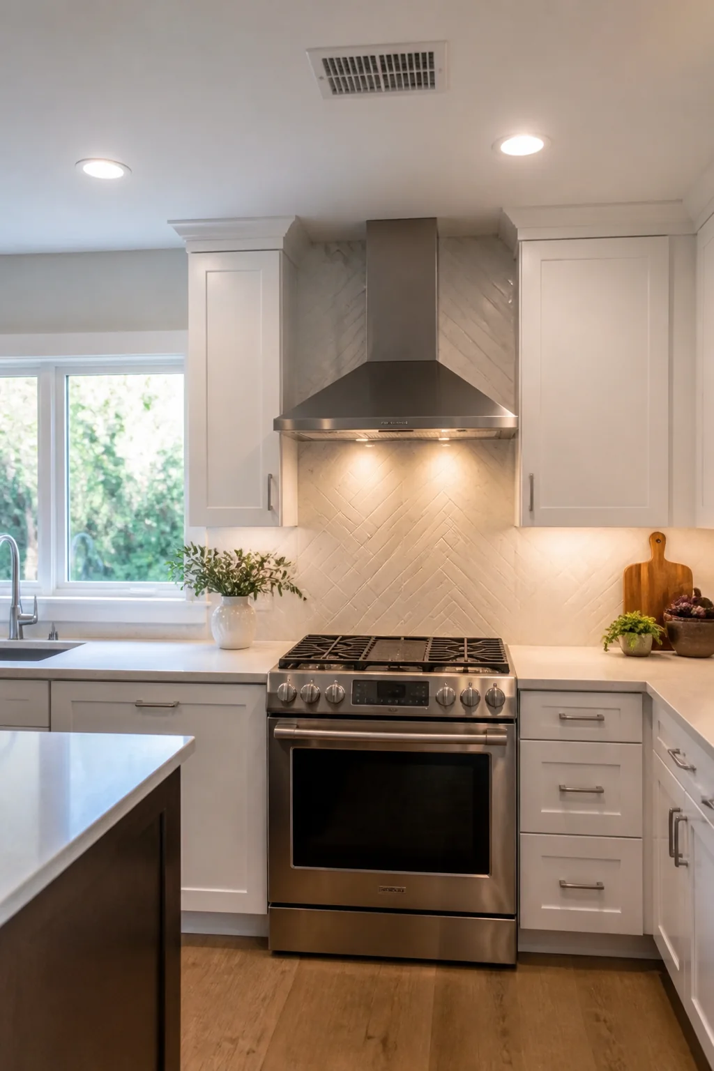 Finished kitchen range hood, backsplash, and task lighting