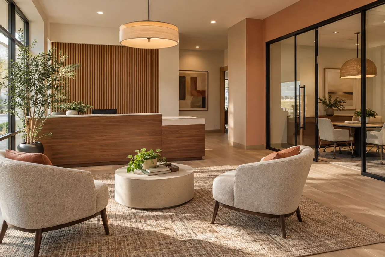 Finished apartment leasing office with a reception counter, visitor seating and glazed meeting room