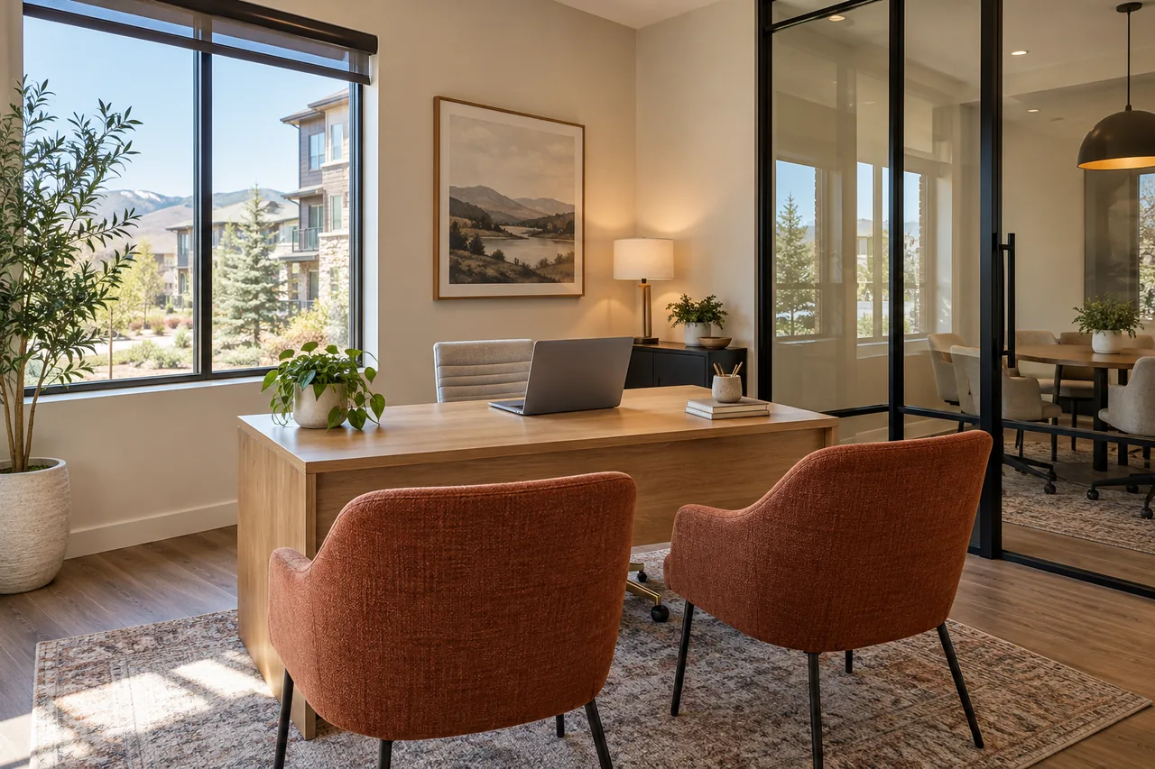 Finished leasing-office consultation space with an oak desk, visitor chairs and glass partitions