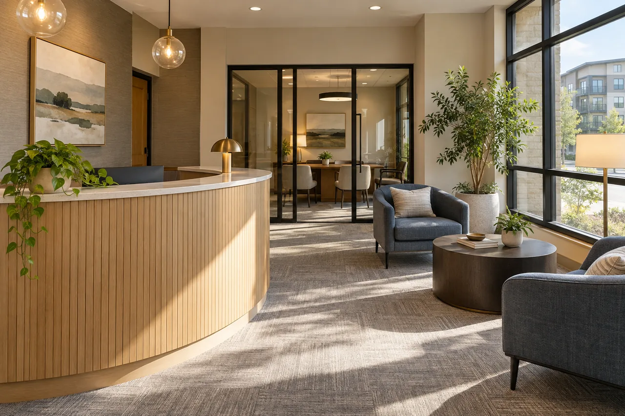 Completed leasing-office welcome lounge with a low reception desk and comfortable seating