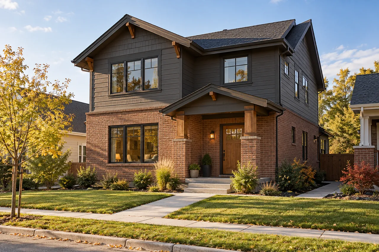 Completed two-story home with brick and charcoal siding, a wood entry and a small landscaped front yard