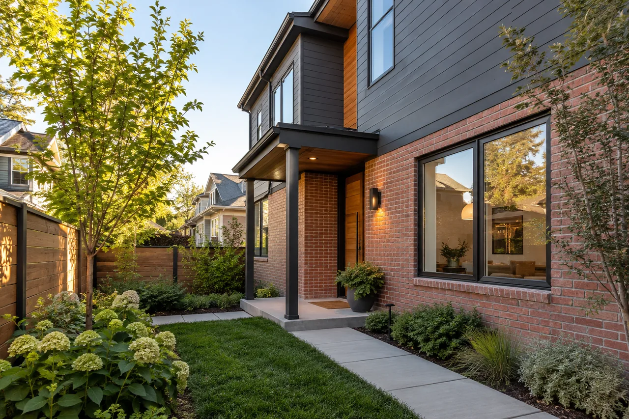 Finished contemporary infill home with brick and timber siding beside a small planted courtyard