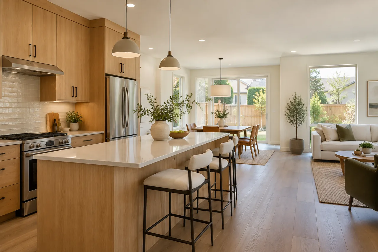 Completed new-home kitchen and living area with oak cabinetry and broad windows