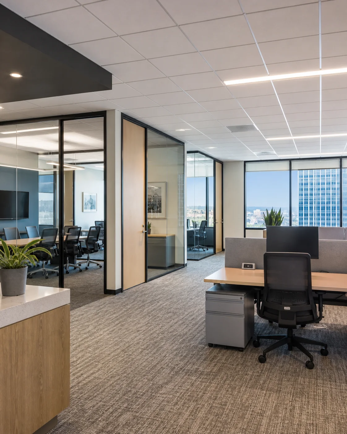 Finished Denver office with glass partitions, workstations, conference room, power, and data