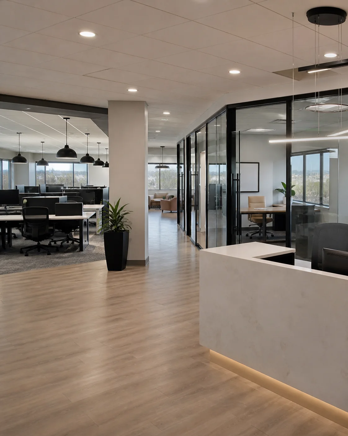 Finished Denver office renovation with reception and open workspace