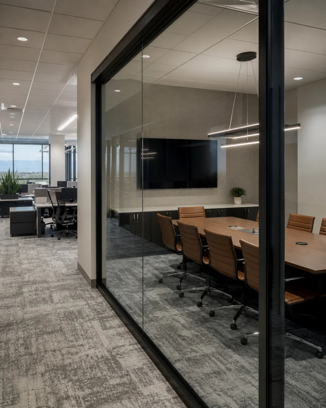 Finished office conference room with integrated power and data