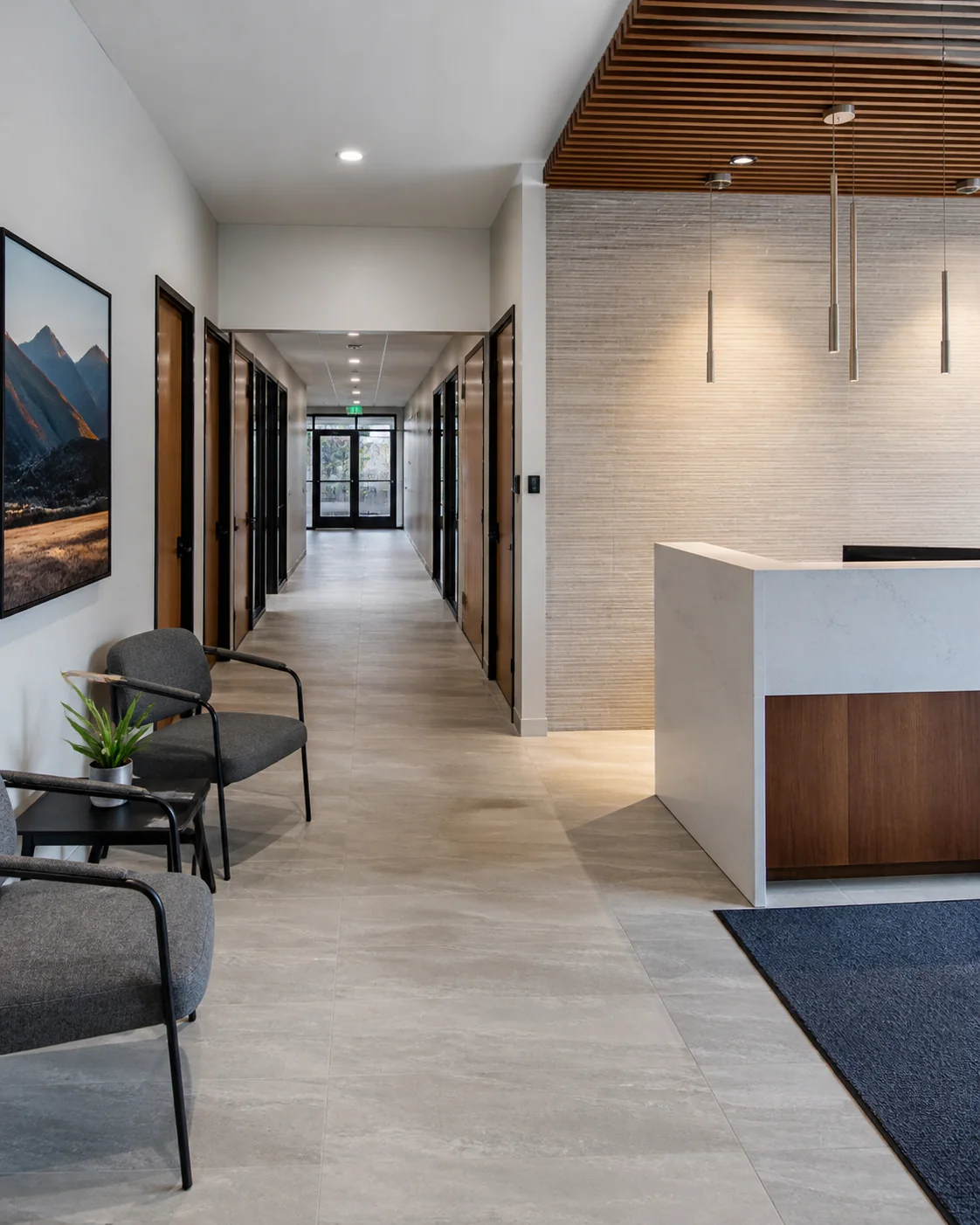 Finished accessible office lobby, corridor, doors, and flooring