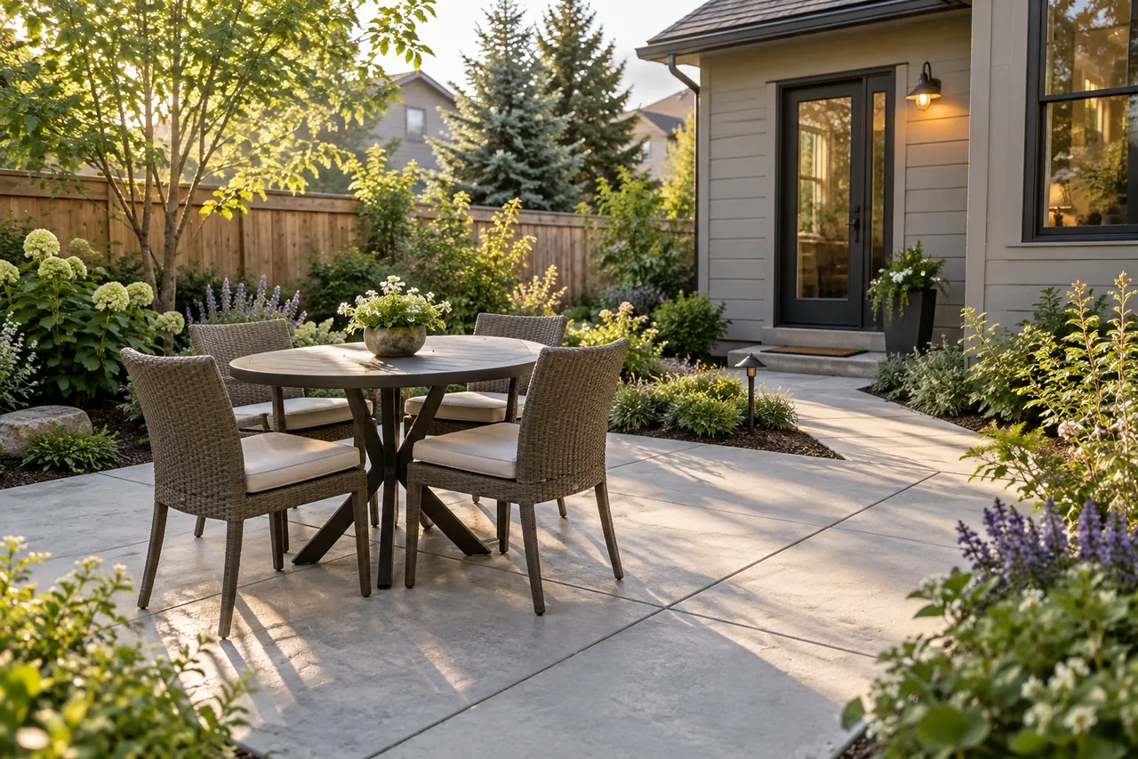 Finished ground-level concrete patio with a round dining table, garden border and path to the home