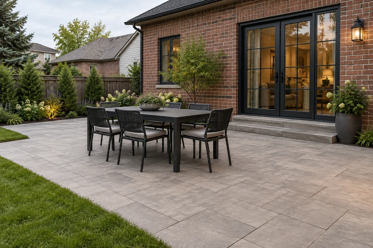 Finished backyard paver patio with a dining table, planting beds and glass garden doors