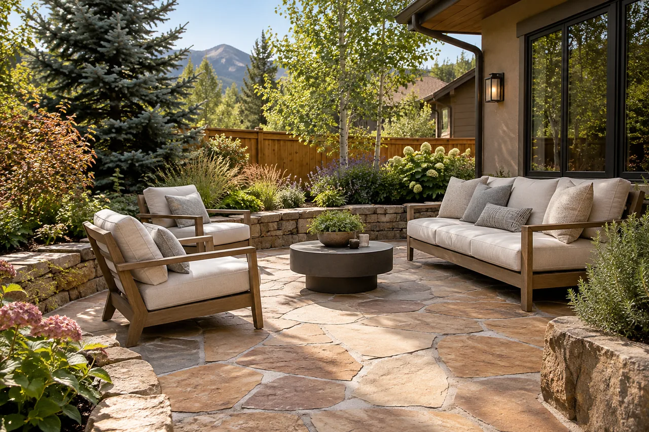 Finished stone courtyard patio with comfortable seating and low border planting