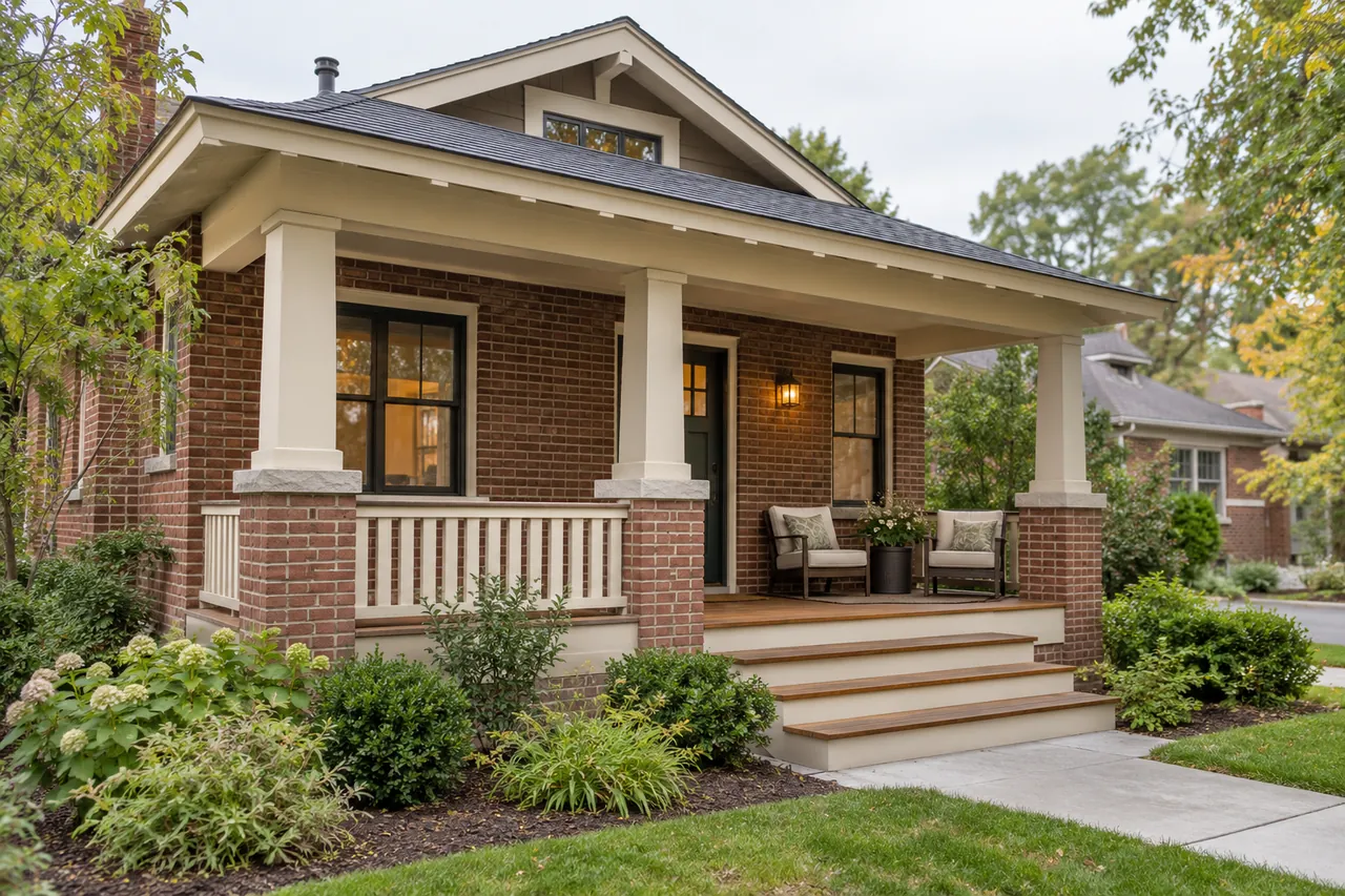 Finished covered front porch on a brick bungalow with wood flooring, two chairs and entry steps